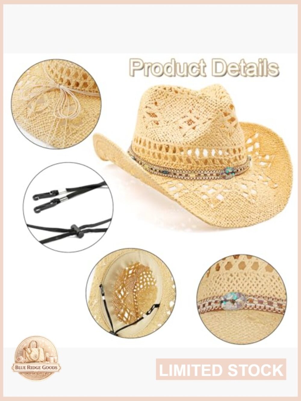 Straw Wide Brim Cowboy Hat Classic Western Shapeable Adjustable Unisex - Picture 3 of 7